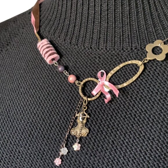 Handmade - Little dress Pink and Bronze ruban beads pompom Necklace Short - Picture 1 of 7